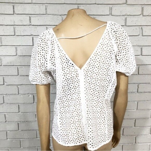 J.Crew Eyelet Puff Sleeve Top | V-Back | White Cotton Blouse | Size 12 - Picture 4 of 6